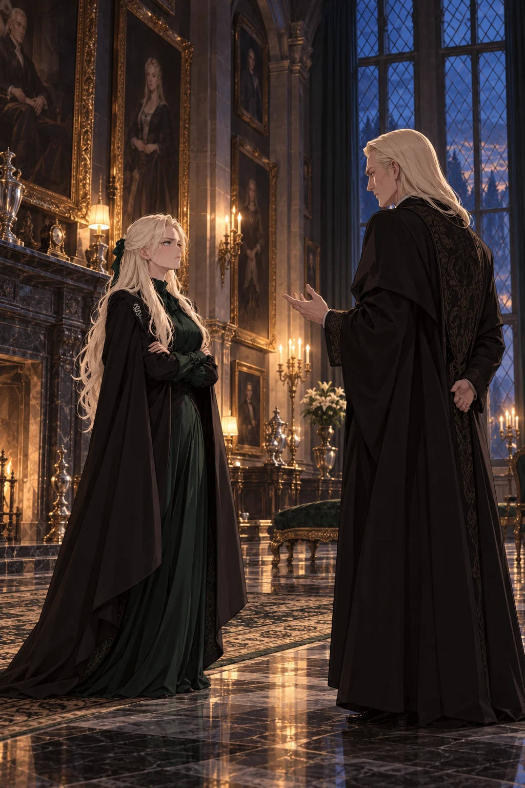 Draconia stands with folded arms before her father in the candlelit Manor portrait gallery.