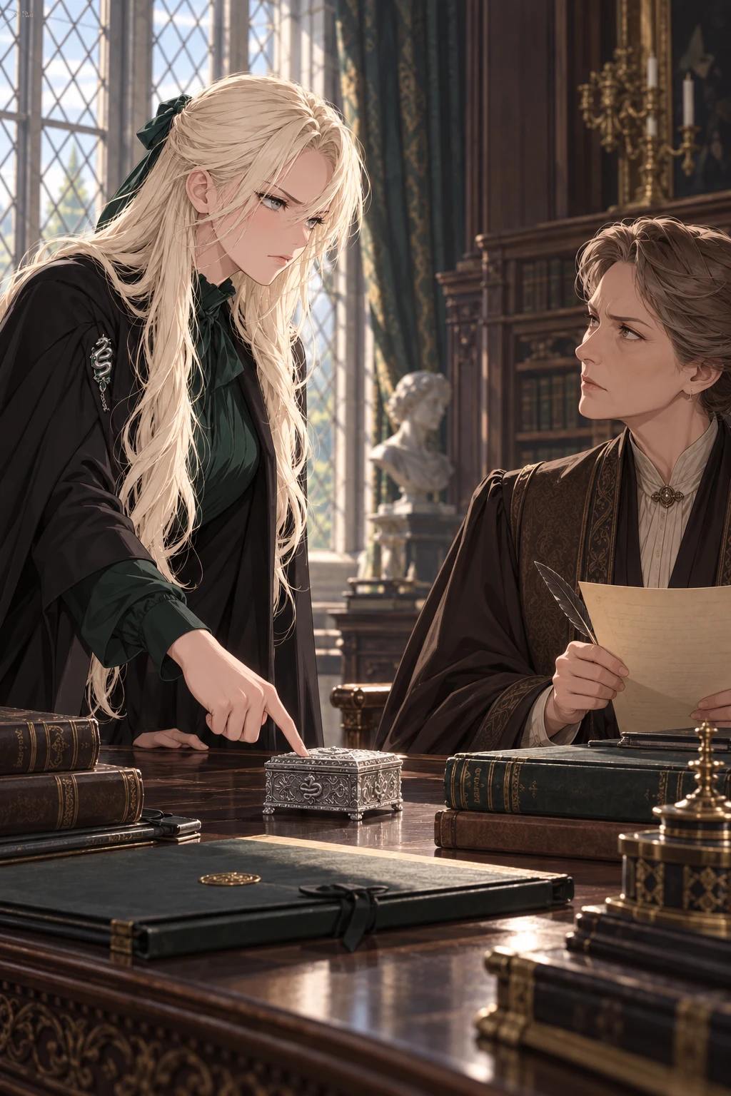 Draconia points to a silver casket while an adult Ministry archivist pauses over an inventory.