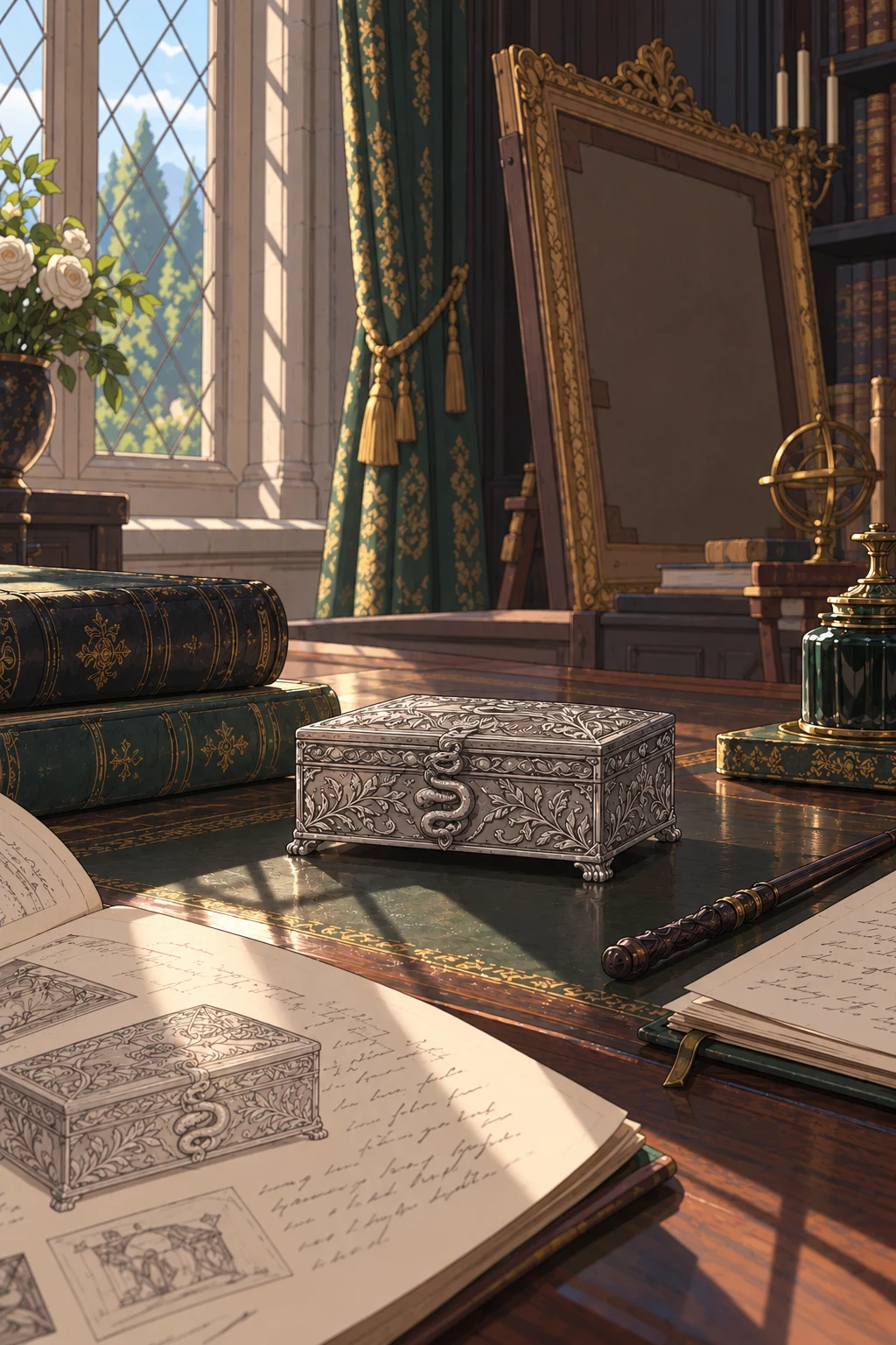 A closed serpent-clasp silver casket lies among notes and books in the Manor study.