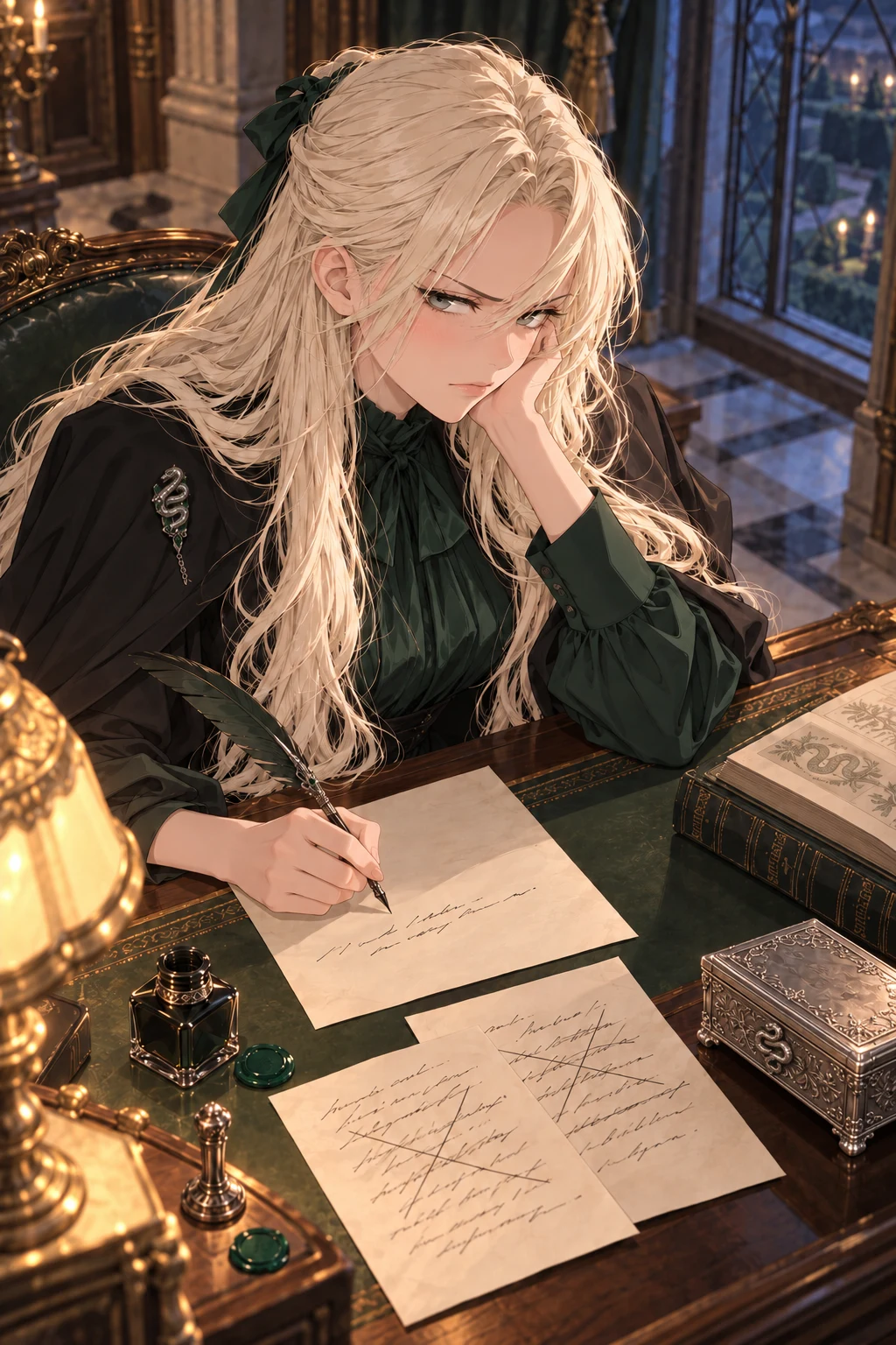 Draconia writes an invitation at an evening desk beside crossed-out drafts.