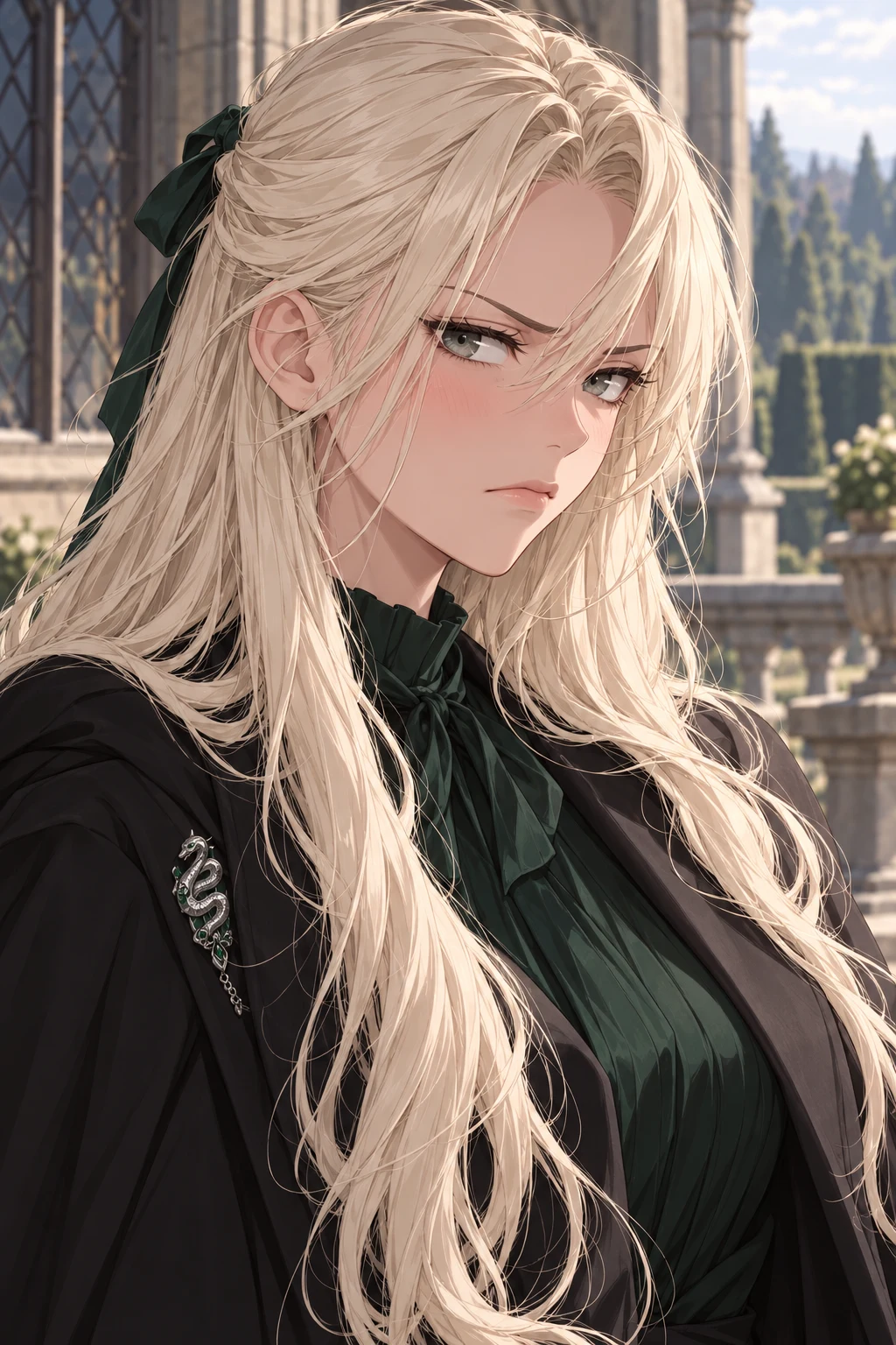 Draconia turns a guarded gaze toward the arriving reader on the sunlit Manor terrace.