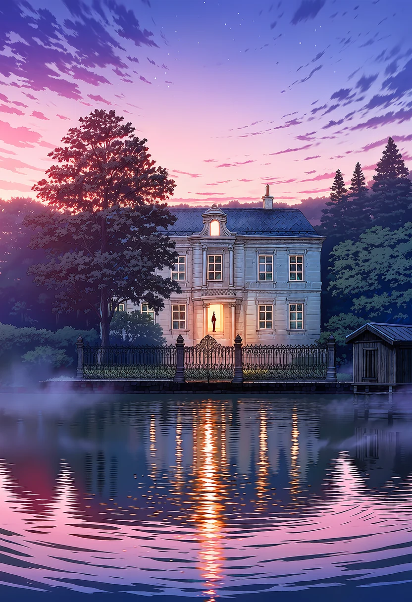A pale stone mansion on the far shore of a still lake at dusk, its lights doubled in the water under a violet and orange sky, mist on the lake, a small boathouse at the water's edge. One window is lit, with a tiny figure standing in it.