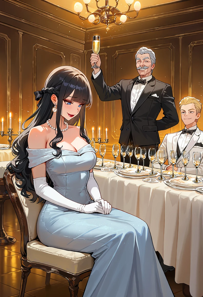 A candlelit dinner under a chandelier. Margaux sits in a pale-blue off-shoulder gown, pearls and white opera gloves, a black velvet ribbon on her braid, smiling politely at nothing. Behind her, her silver-haired father in a tuxedo raises a glass of champagne; a blond young man in a white dinner jacket sits beside her, pleased with himself.