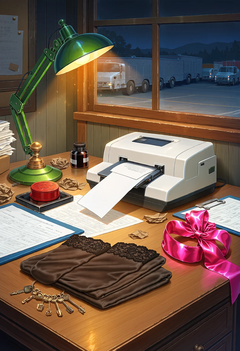 A dispatch office desk at night under a green banker's lamp: a label printer feeding out a shipping label, a red stamp, crumpled brown paper, a ring of keys, a pink satin ribbon and a pair of folded black lace-top stockings. Through the window, trucks wait in a dark yard. Nobody is there.