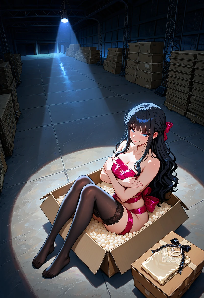 A vast dark warehouse lit by a single work light. In its pool of light Margaux sits in an open cardboard box of packing peanuts, wearing only black lace-top stockings and a pink satin ribbon wound around her, arms crossed over her chest, a pink bow in her hair, smiling up at the light. Beside her, a small box holds her folded cream dress, a string of pearls and a black velvet ribbon.