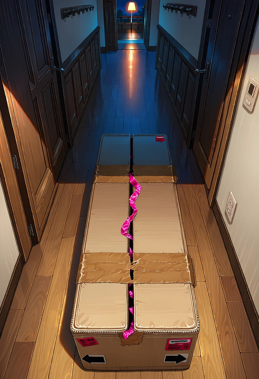 A long cardboard box, taped shut, lies in a dim front hall past midnight, a lamp glowing at the far end. A thin tail of pink satin ribbon pokes out through the seam of the lid.