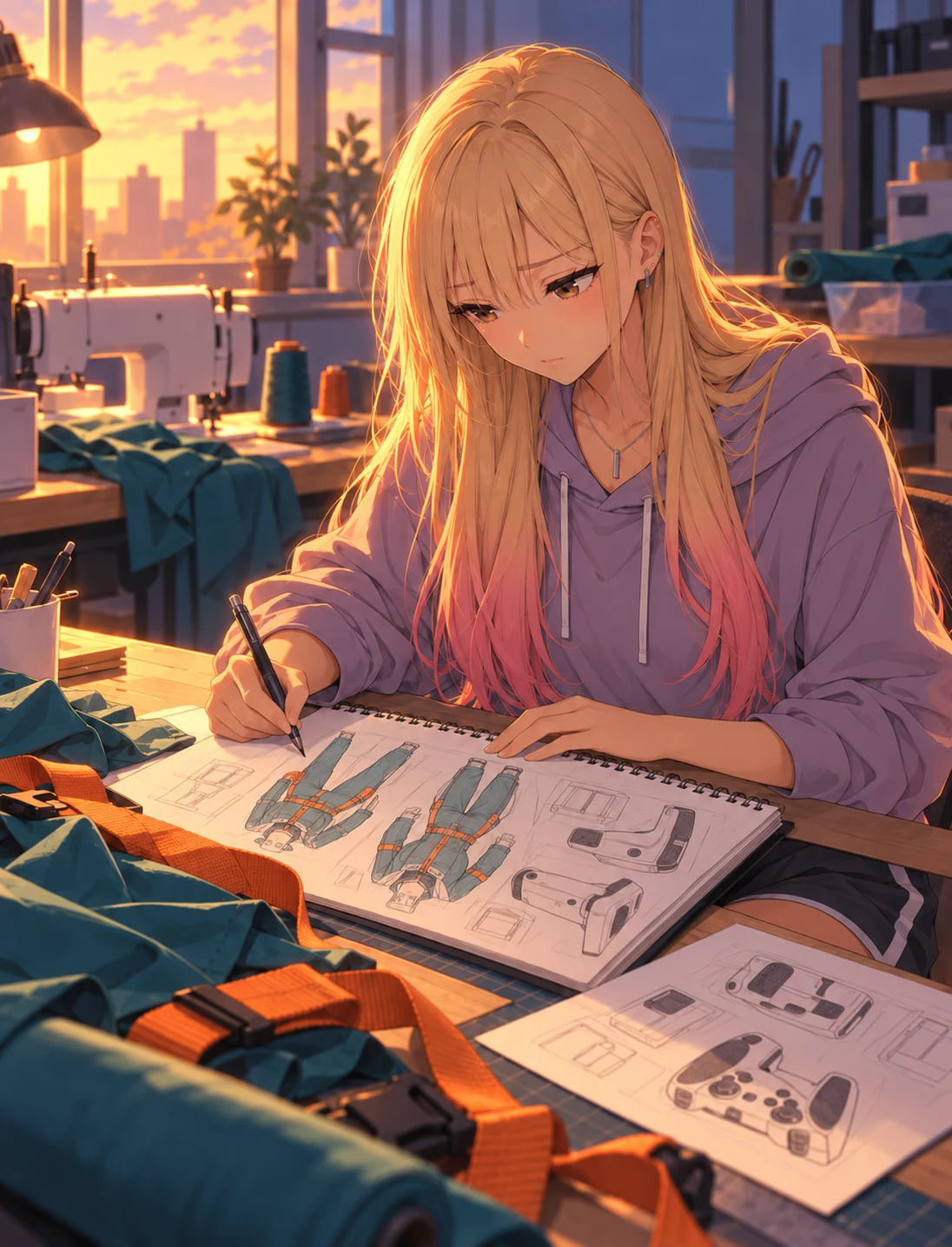 Mika in a lavender hoodie sketches a teal-and-orange costume at her workshop table.