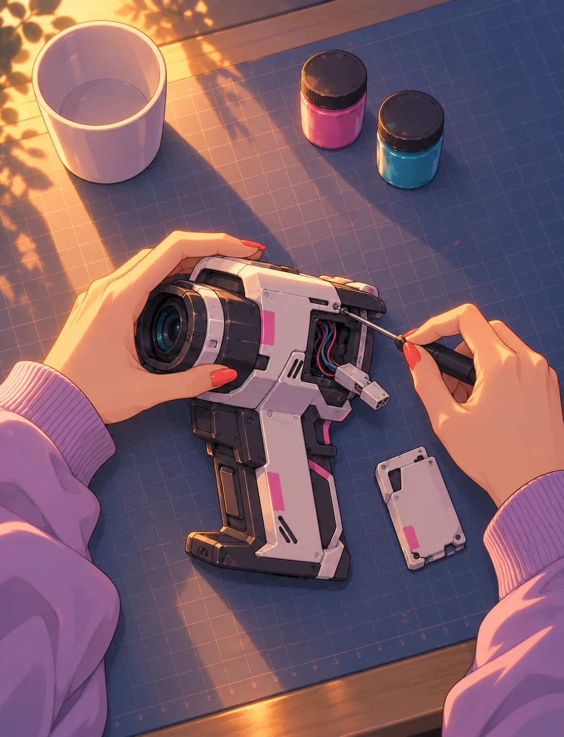 Mika's hands repair the unlit scanner on a cutting mat.