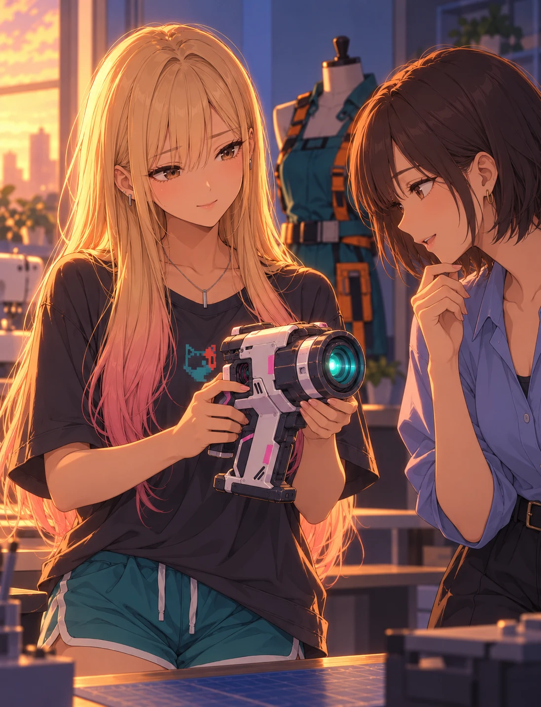 Mika shows a brunette cosplay friend her scanner's glowing turquoise light.