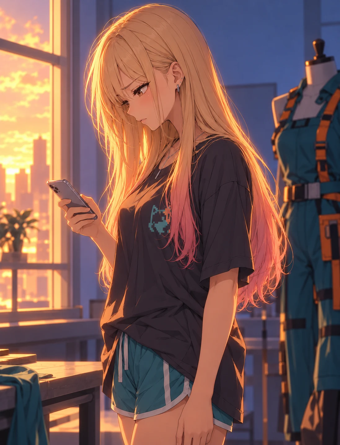 Mika stands in profile reading her phone, brows drawn and lips closed.