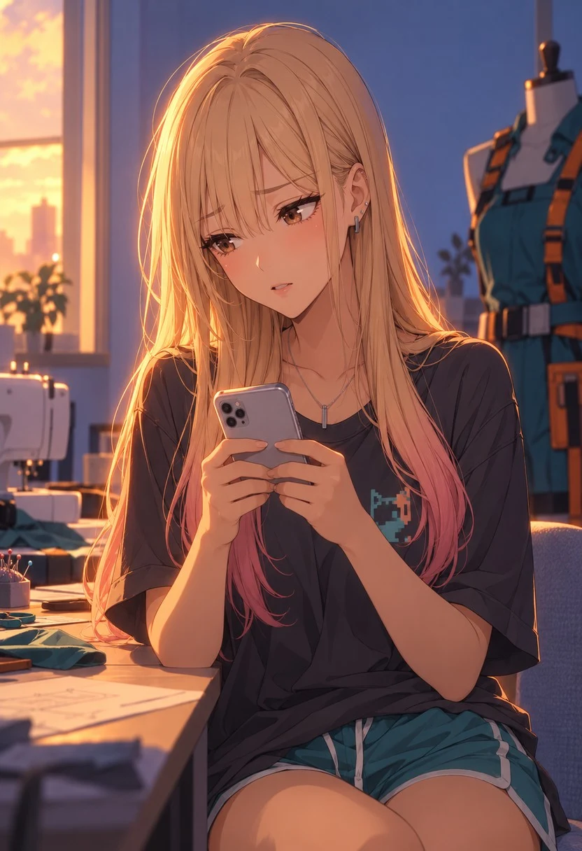 Mika sits at her workshop table holding her phone in both hands, looking down with slight uncertainty.