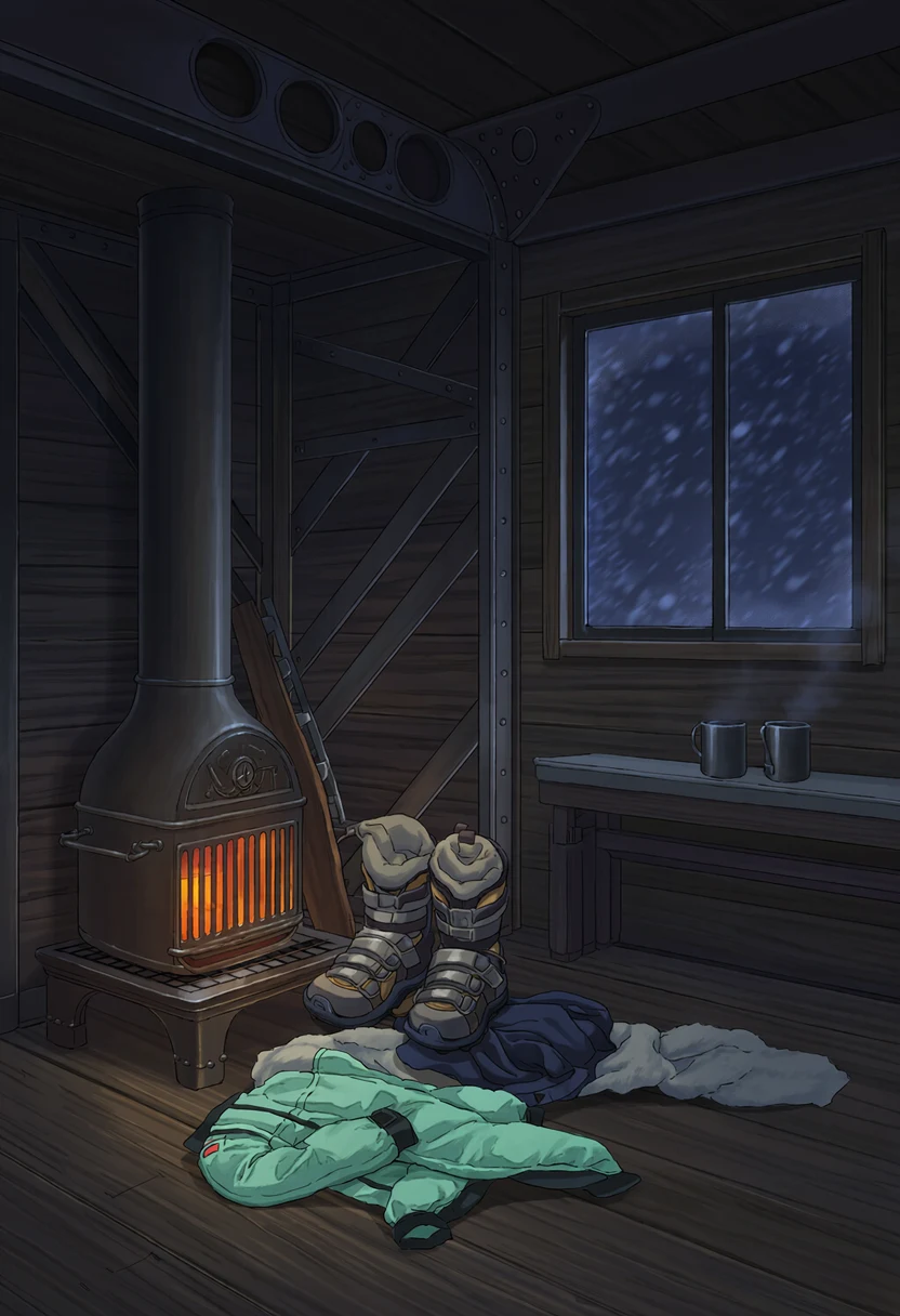 Inside a small wooden lift shack at night during a blizzard: a wood stove glows orange, a pair of snowboard boots dries beside it, and a mint-green jacket lies tangled with a navy staff jacket and a blanket on the floor. Nobody is there.