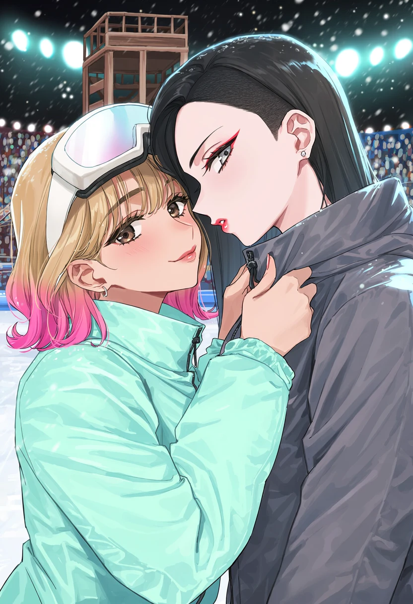 Under the floodlights by the wooden judges' tower, Momo, in a mint-green jacket with goggles pushed up and hot-pink hair ends, holds a taller rider with a black undercut by the collar, their faces an inch apart, and looks sideways straight into your lens with a small smile.