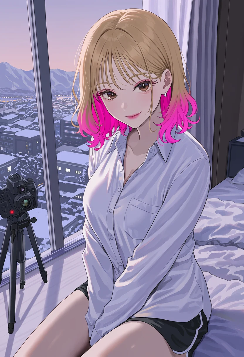 In a hotel room at dawn, Momo sits on the rumpled bed by a tall window in an oversized white shirt and black shorts, smiling straight into the camera; a camera on a tripod glows red beside her, and a snowy town lies pale lavender outside.