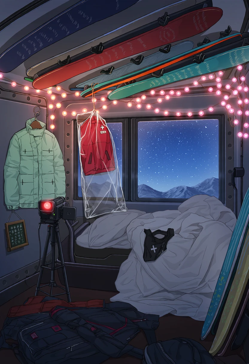 The inside of Momo's camper van at night: string lights, snowboards racked on the ceiling, her old mint-green jacket on a hook, a small chalkboard of tally marks, a camera on a tripod with its red light on, a black sports bra on the rumpled bed, and a red team jacket in a clear garment bag.