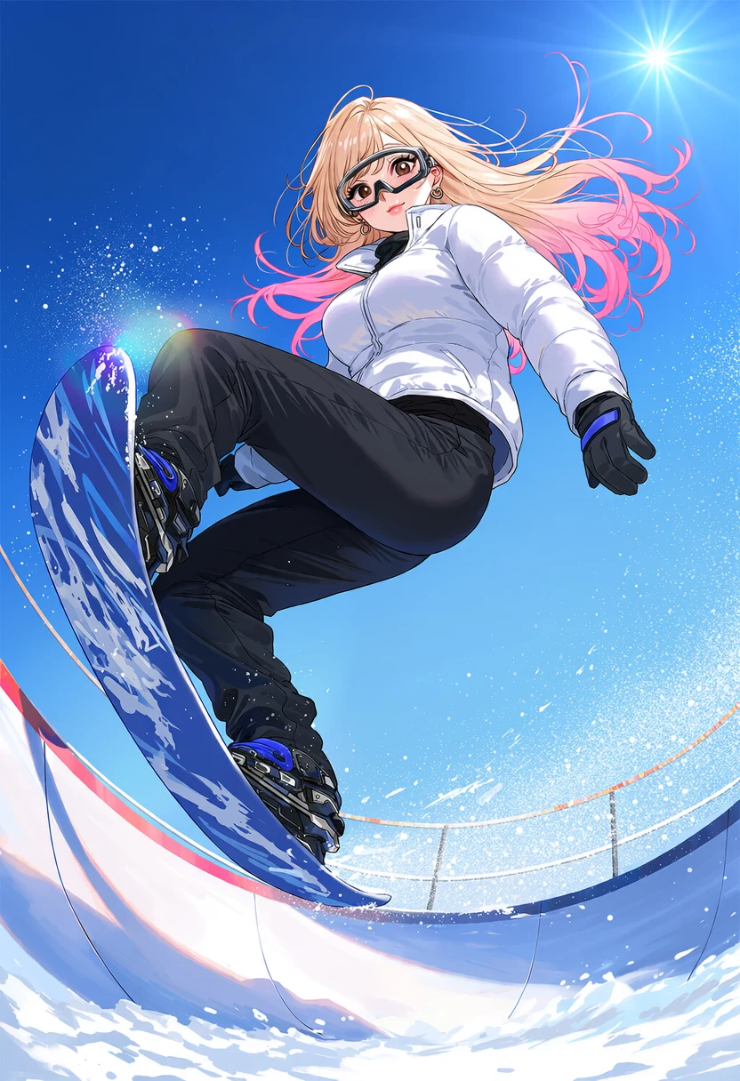 Seen from the floor of the halfpipe, Momo spins high above the lip in a white puffer on a blue board, honey-blonde and pink hair streaming, against a bright blue afternoon sky and a hard sun flare.