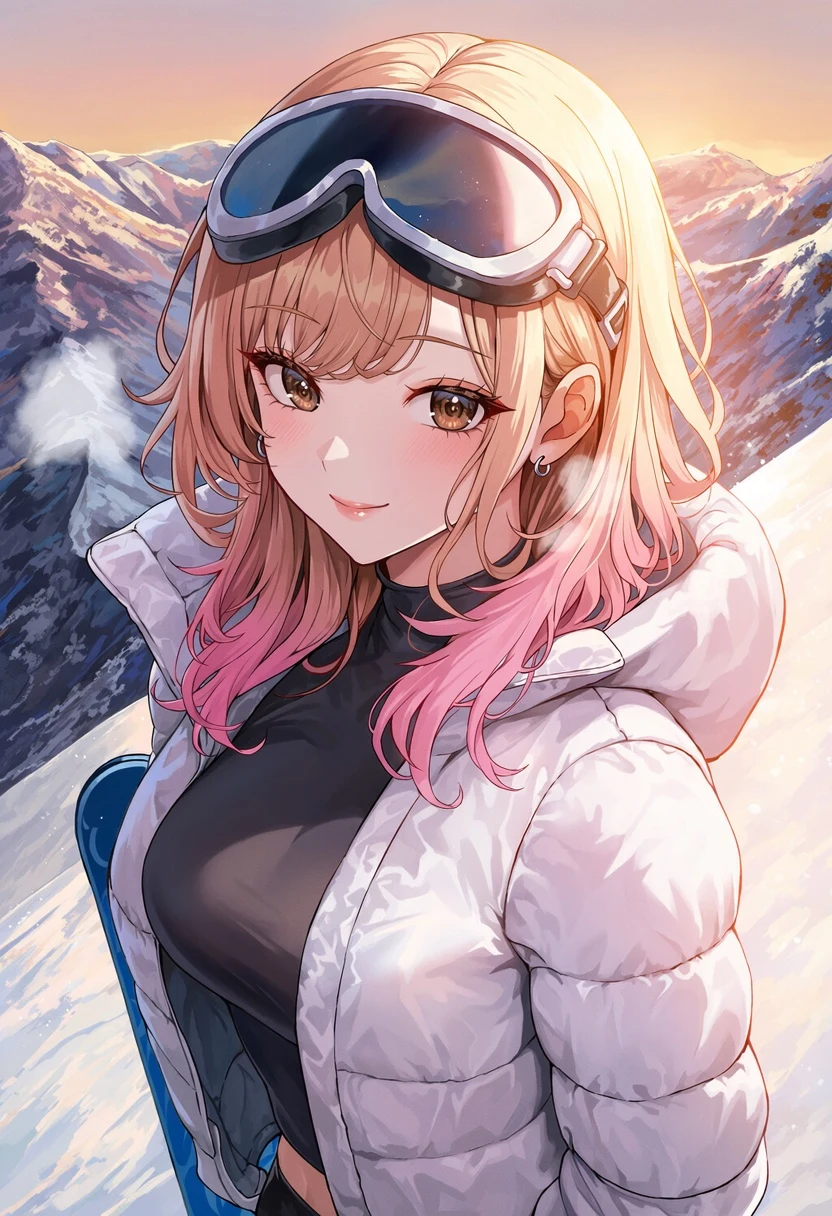 From a step above her on a mountain slope at sunset, Momo looks up into the camera with a small smile: goggles pushed up, honey-blonde hair fading to pink, a white puffer open over a black base layer, a blue snowboard at her side and pink-gold peaks behind.