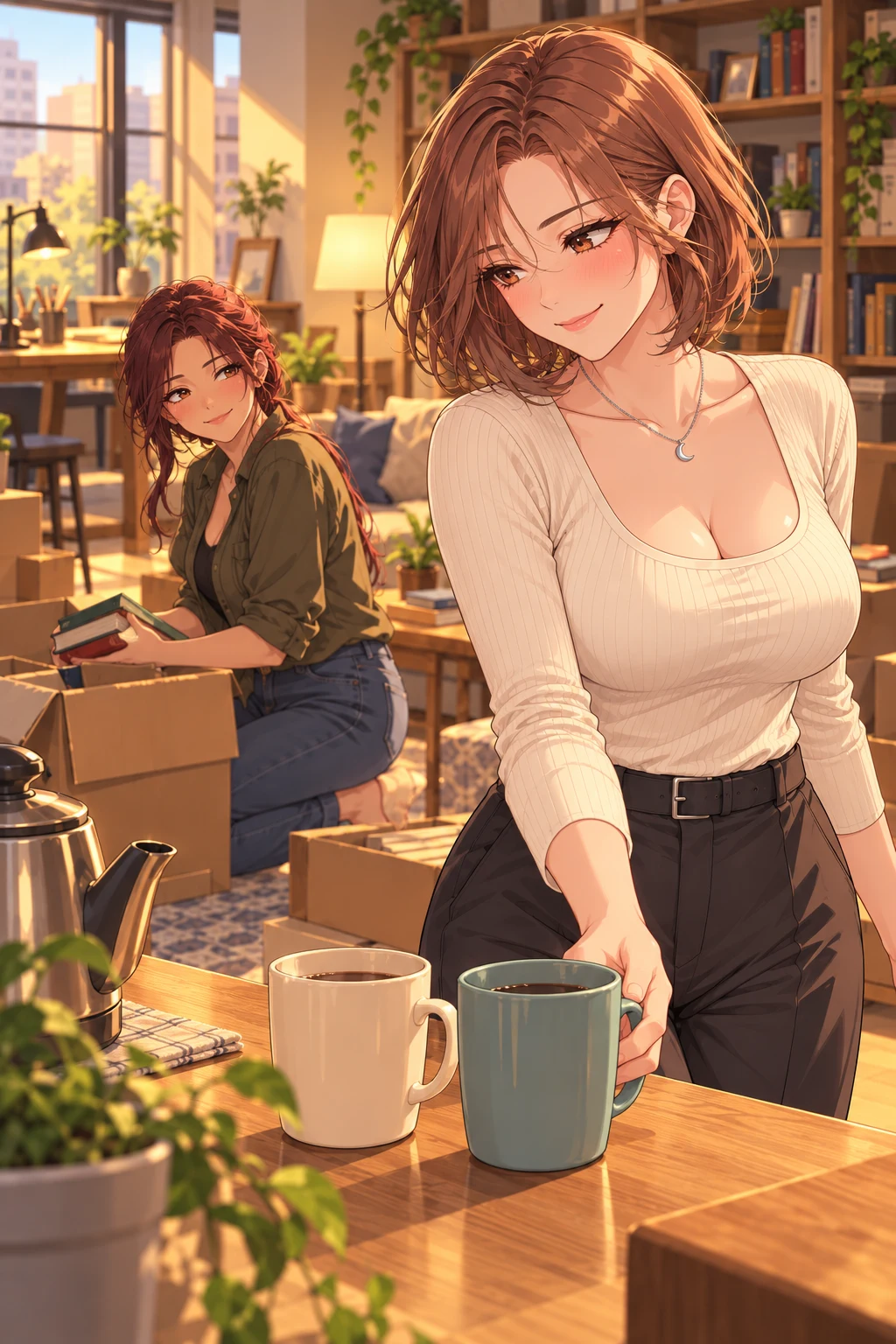 medium layered view with mugs foreground