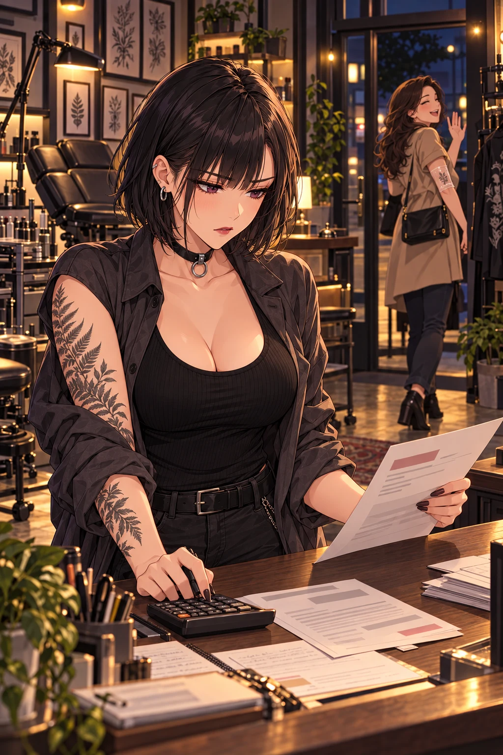 Vera reviewing a rent notice in her tattoo studio while an adult client leaves.
