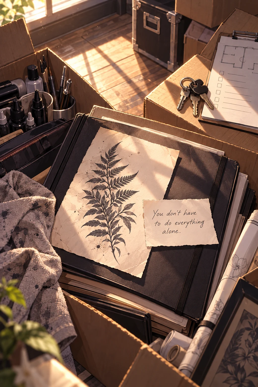 Iris's botanical sketch and a handwritten note among boxes being cleared from the spare room.