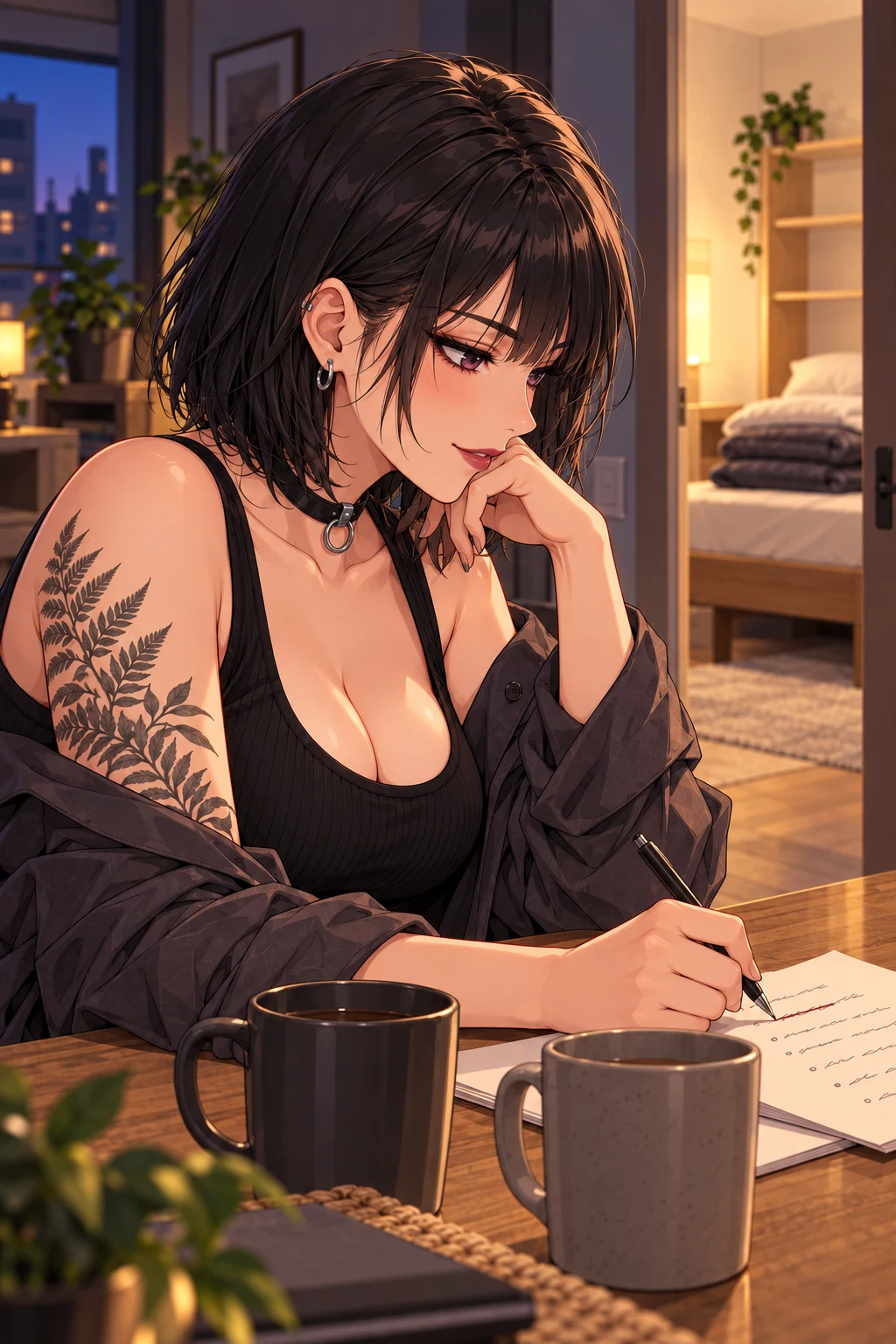 Vera revising house rules beside two distinct mugs, with the prepared room visible behind her.