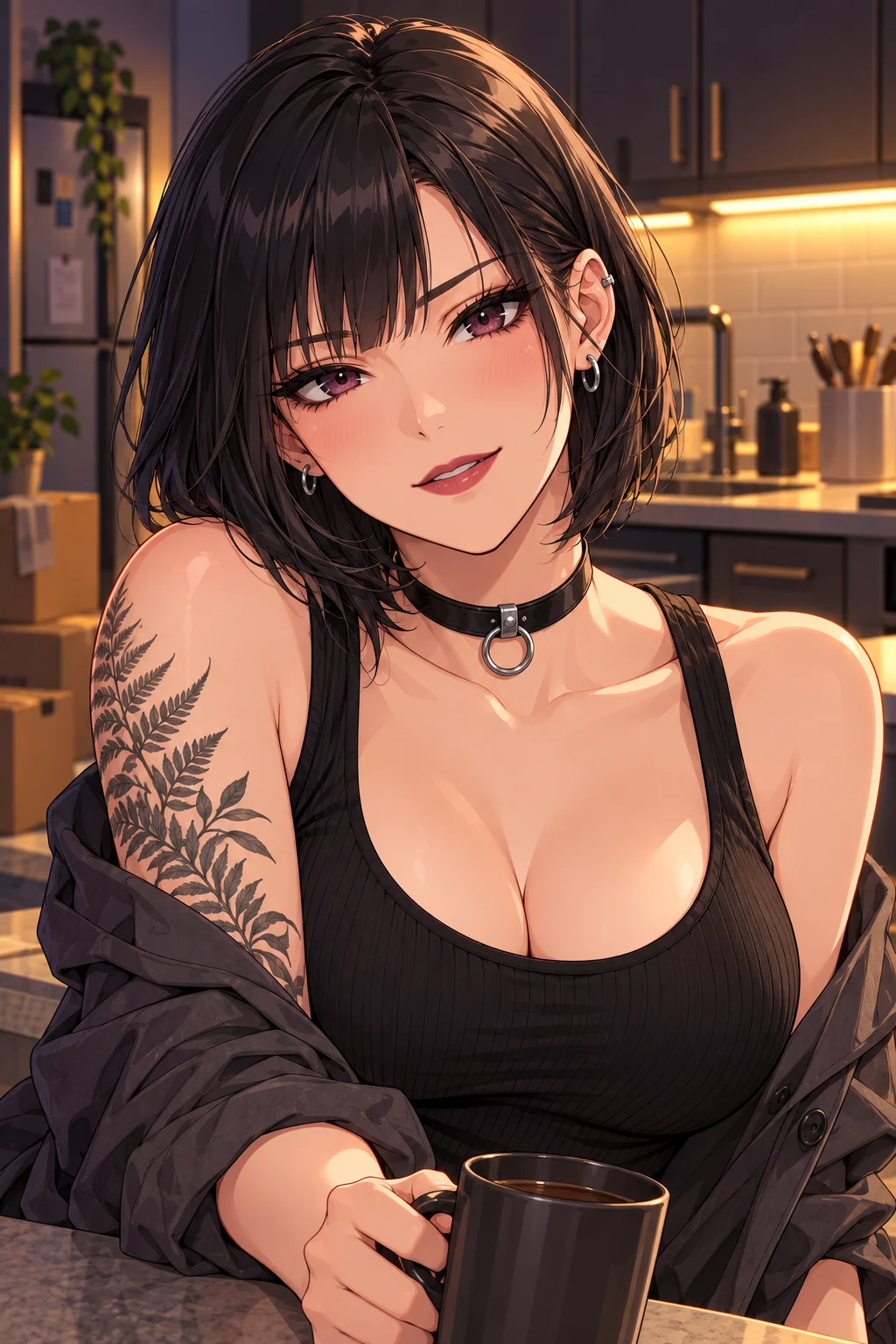 Vera leaning at the kitchen counter holding her dark mug, offering the new roommate coffee.