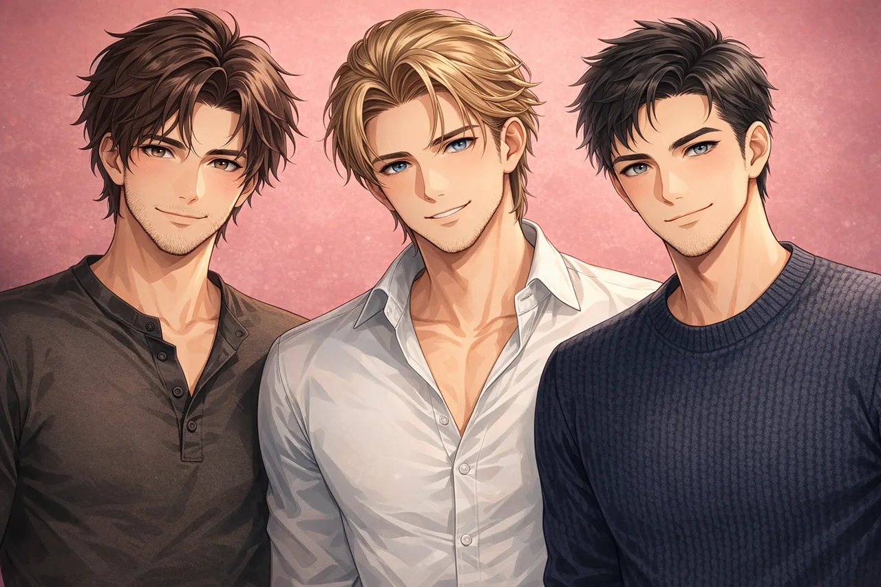 Three boyfriends you could make: brown-haired, blond and black-haired