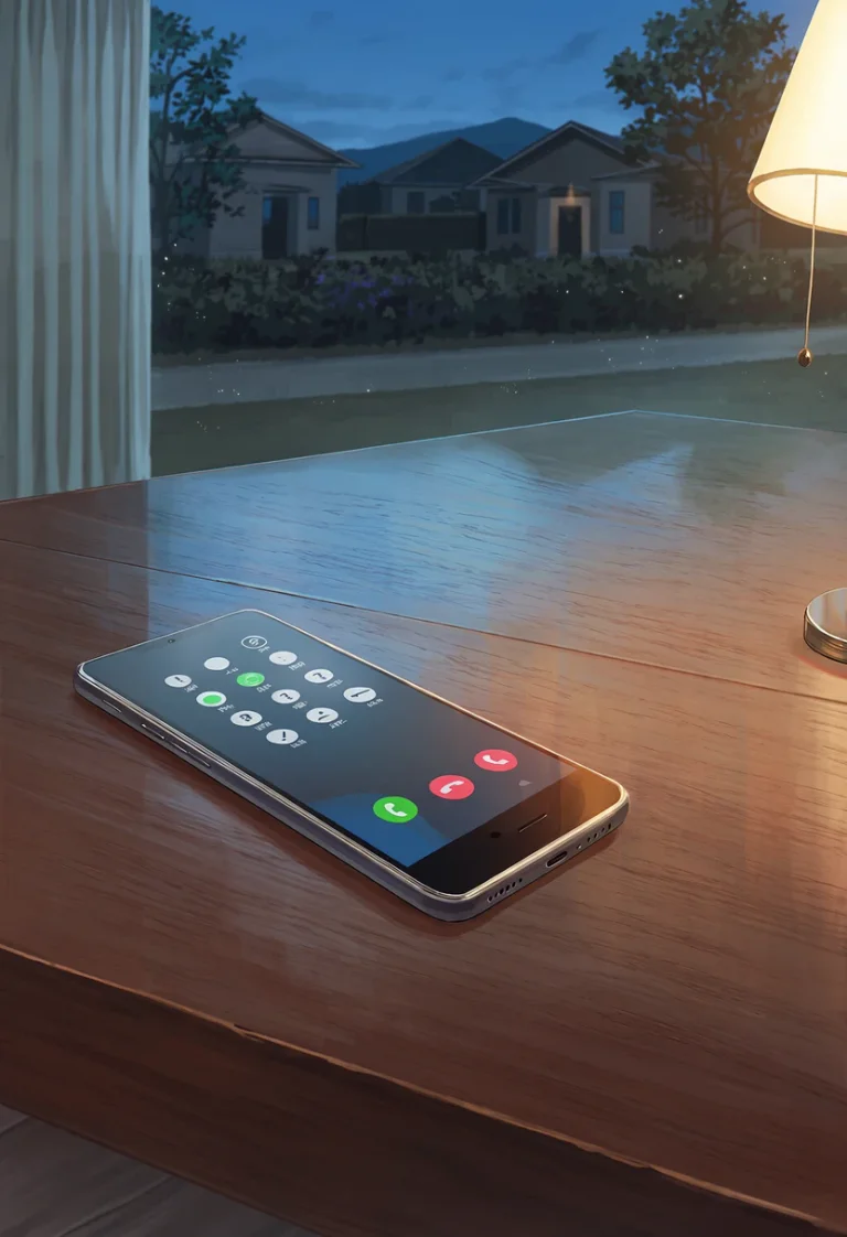 A phone on a wooden table beside a ground-floor window overlooking suburban houses at dusk.