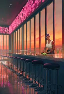 A very wide view down an empty cocktail bar at dusk: tall windows full of orange sky, a pink neon sign glowing on, a long row of empty stools, and Zoe alone behind the bar slicing limes.