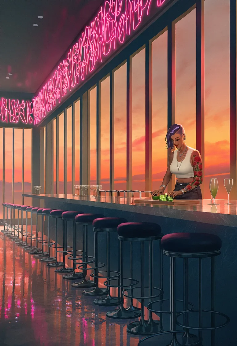 A very wide view down an empty cocktail bar at dusk: tall windows full of orange sky, a pink neon sign glowing on, a long row of empty stools, and Zoe alone behind the bar slicing limes.