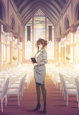 A composed wedding planner in a grey suit and glasses standing with her clipboard in a grand, empty, sunlit reception hall at dawn.