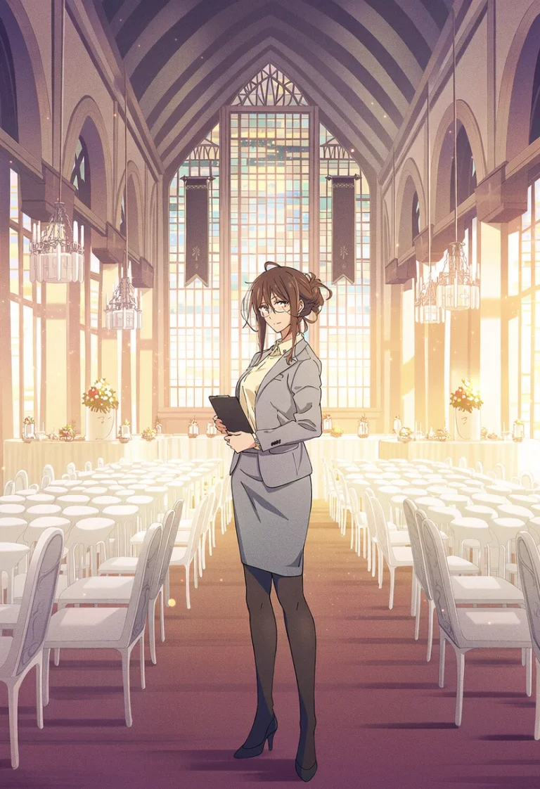 A composed wedding planner in a grey suit and glasses standing with her clipboard in a grand, empty, sunlit reception hall at dawn.