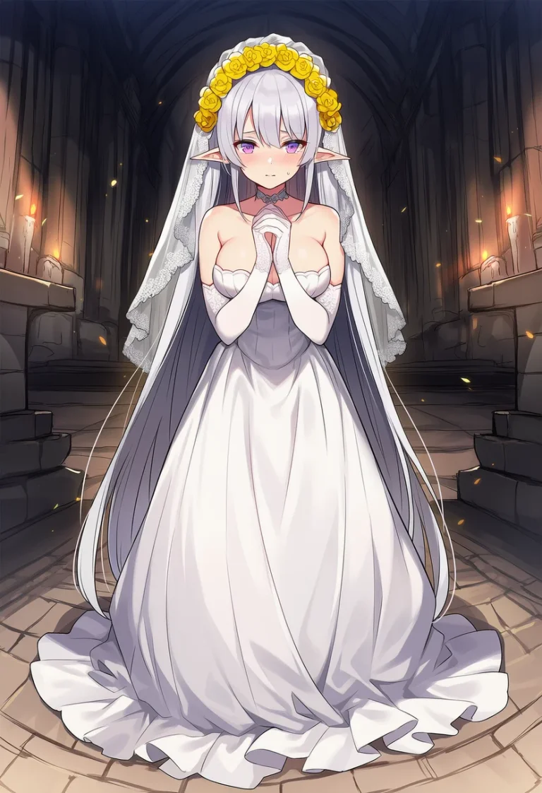 Andromeda robed as a sacrificial bride in a candlelit temple
