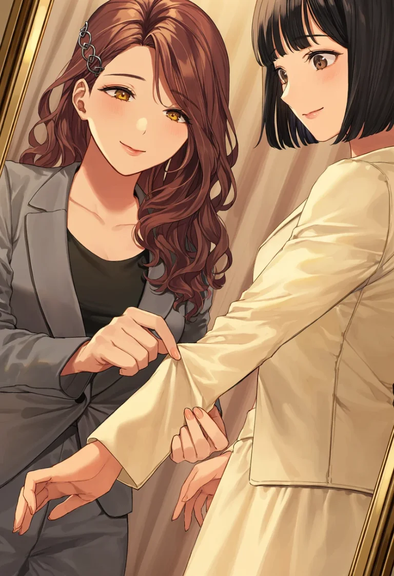 Vesper adjusts the cream sleeve of a dark-haired client, both smiling in a warm fitting room.