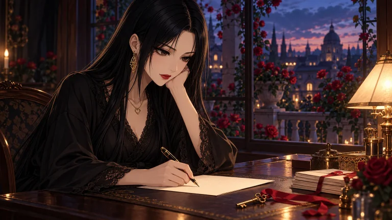 Aya writes a letter beside a window overlooking the roses; a ribboned key rests on the desk.