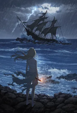 From behind, a wild-haired castaway in tattered wraps stands on the wet rocks holding a torch, watching a large sailing ship break apart on the reef under lightning.