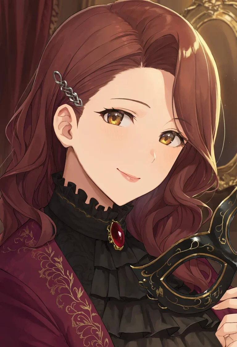 Vesper smiles toward the arriving reader, holding a black-and-gold mask beside her shoulder in her warm atelier.