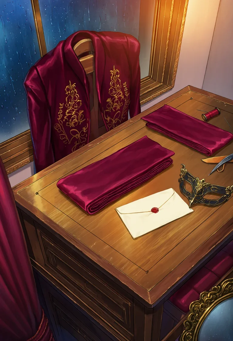 A cream invitation with a red seal, two lengths of velvet and a black-and-gold mask lie beside an embroidered burgundy jacket in the rainy-night atelier.