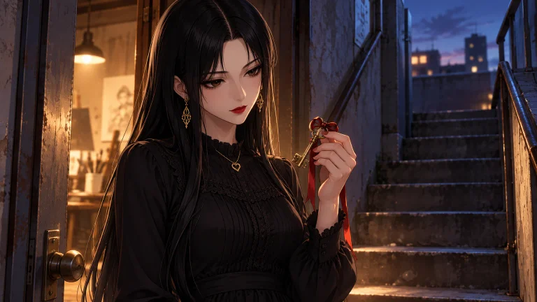 Aya studies a brass key on a red ribbon at the rooftop stairwell.