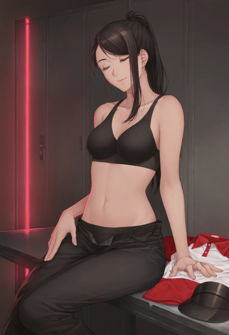 Adult Mila sits in the dim staff room in an opaque black bra and loosened black trousers, her red-and-white polo and visor lying beside her.