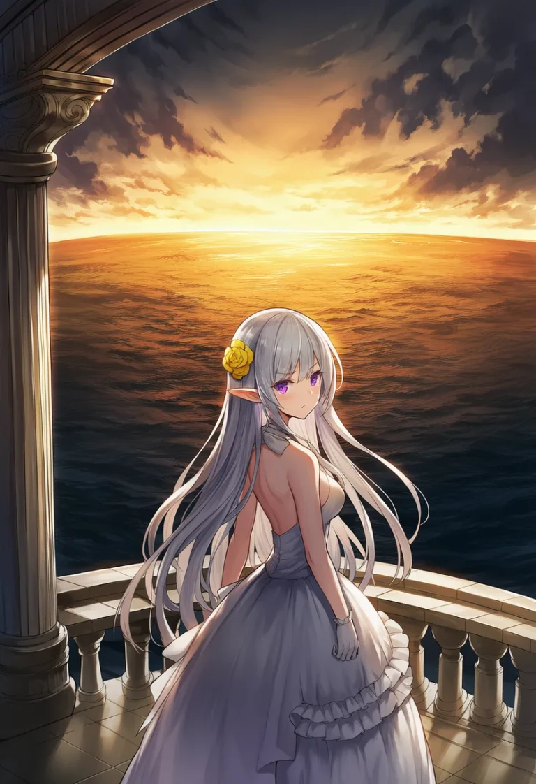 Andromeda watching the sea darken from the palace balcony