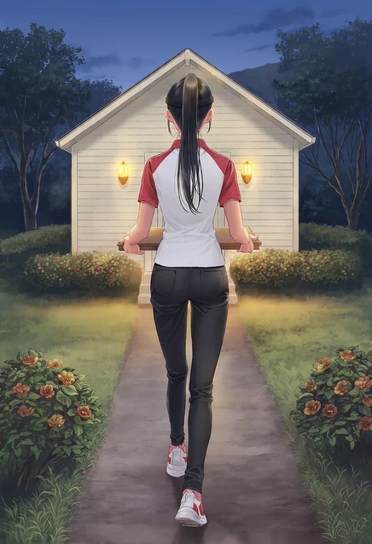 Mila, seen from behind in her delivery uniform, walks towards a warmly lit suburban front door with the pizza box held in front of her.
