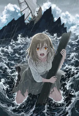 Young Elin, the sole survivor, clings to a broken plank in a churning grey storm sea, terrified, her wrecked boat splintering on the black reef behind her.