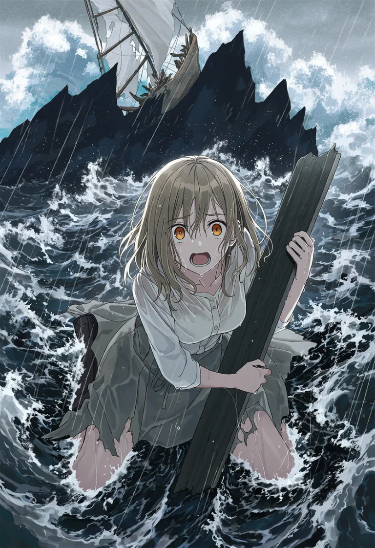 Young Elin, the sole survivor, clings to a broken plank in a churning grey storm sea, terrified, her wrecked boat splintering on the black reef behind her.