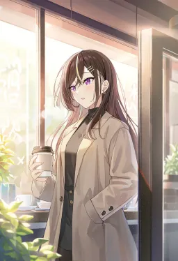 The same woman in a tan coat at a sunlit café counter, holding a paper cup, lips parted in dawning realization, looking off to the side.
