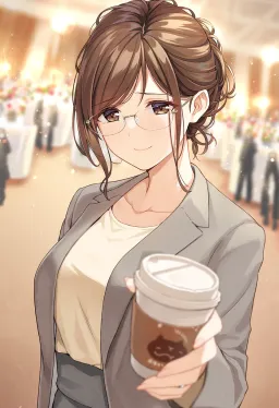 Close-up of the planner giving a soft, grateful smile straight at the viewer, accepting a paper coffee cup, wedding guests blurred behind her.