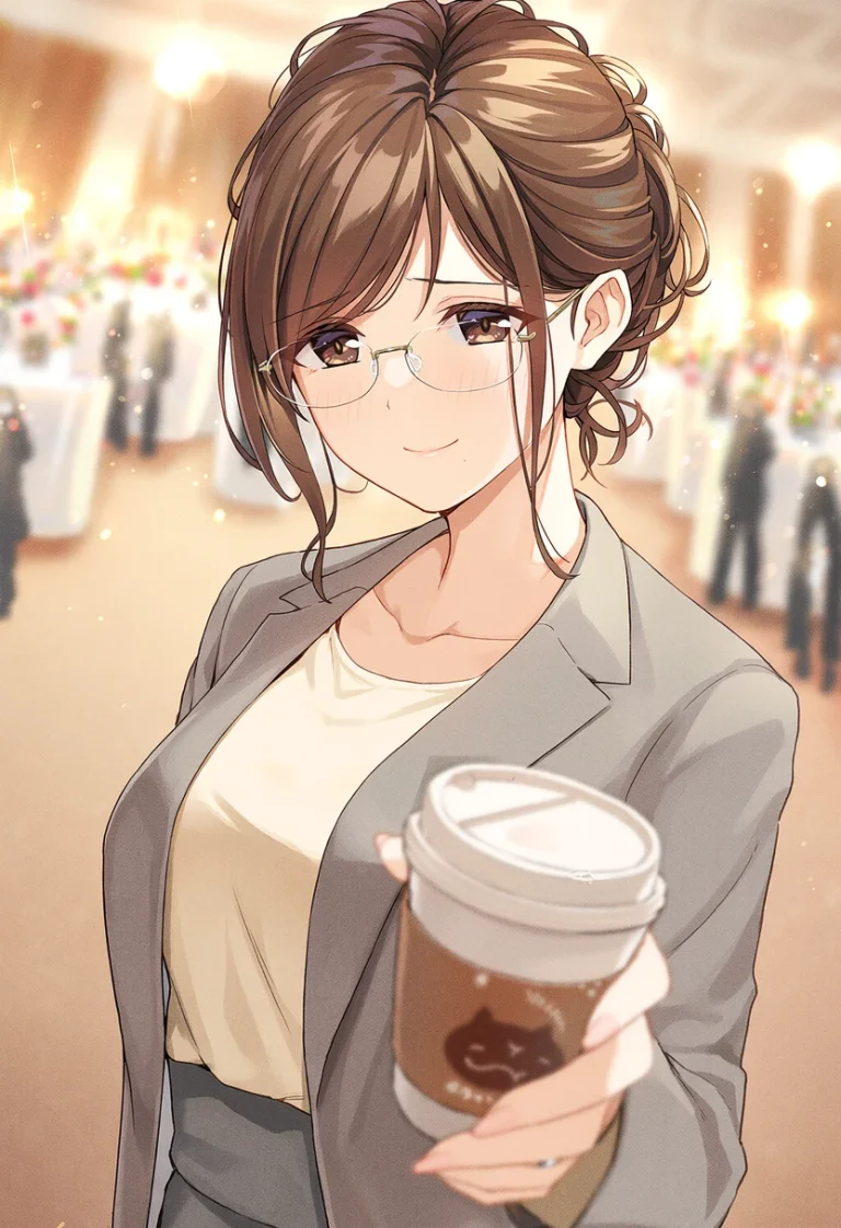 Close-up of the planner giving a soft, grateful smile straight at the viewer, accepting a paper coffee cup, wedding guests blurred behind her.