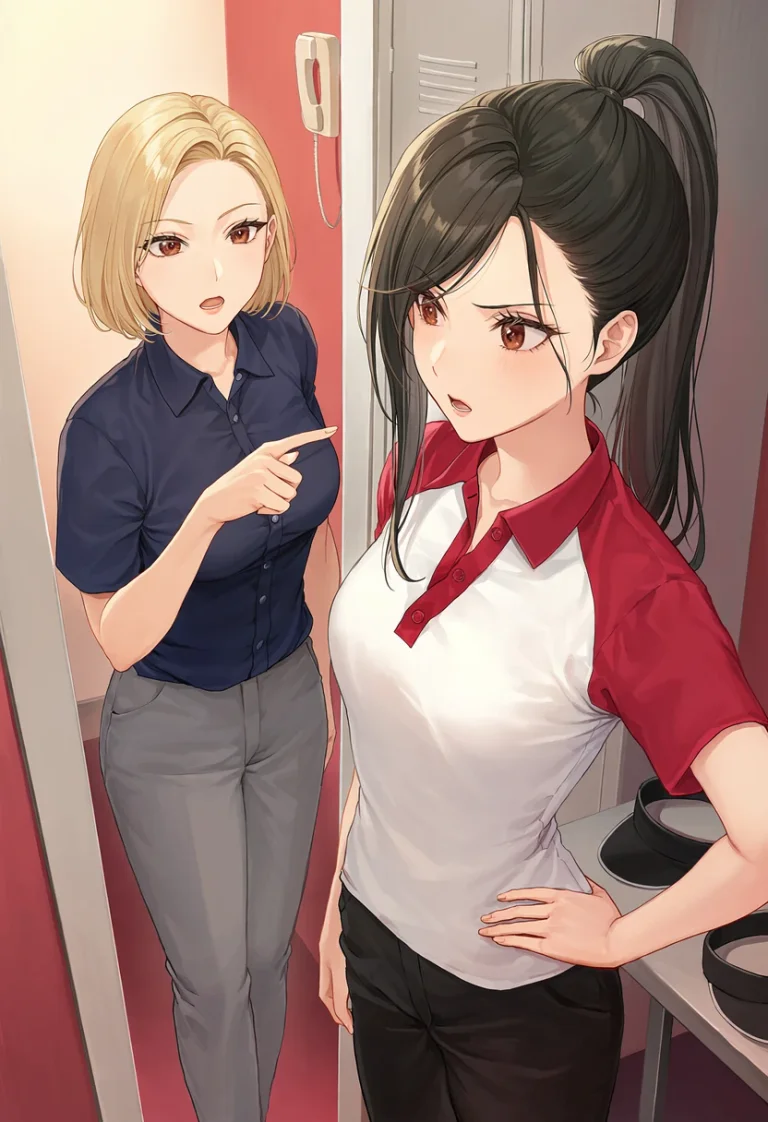 An adult blonde manager in a navy shirt summons a visibly annoyed Mila from the staff room; Mila has put her uniform back on.