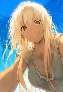 From below, as if lying on the sand looking up: Elin leans over you against a bright blue sky and palm silhouettes, wild sun-bleached hair falling forward, amber eyes wide and glassy with hope and fear, lips parted mid-word.