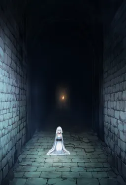 Andromeda tiny and alone, chained in a vast dark dungeon